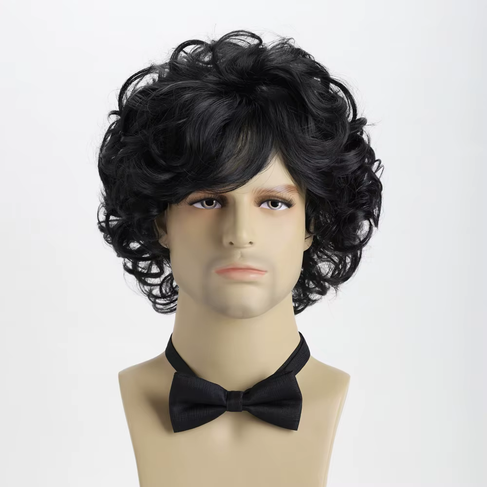 Perruque synthétique ondulée courte bouclée naturelle brune de 10 pouces pour hommes jeunes hommes,