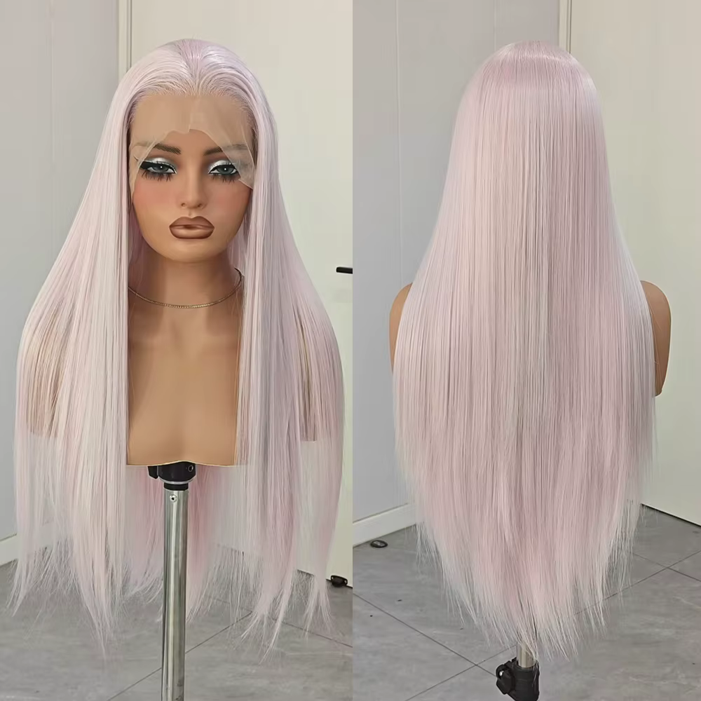 Perruque synthétique droite gris rose pour femme, couleur mixte, raie libre, cheveux longs en soie, 