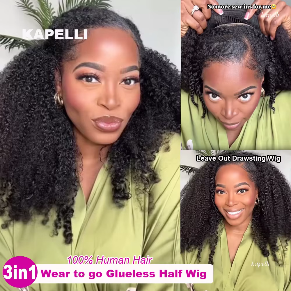 Demi-perruque de cheveux humains 180% demi-perruque crépus bouclés perruques de cheveux humains 3 en