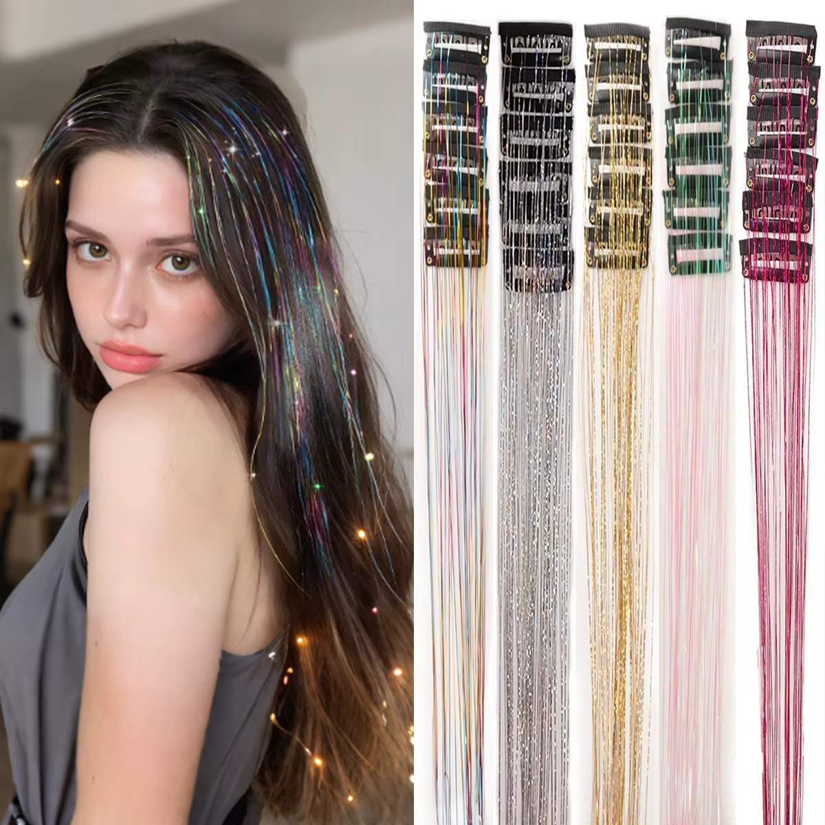 12 pièces pince à cheveux synthétiques en 20 pouces pince à cheveux en guirlandes à paillettes dans
