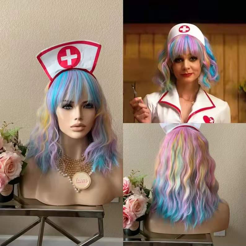 14 "femmes courte ondulée bouclée perruque arc-en-ciel Bob perruque Cosplay Halloween perruques synt