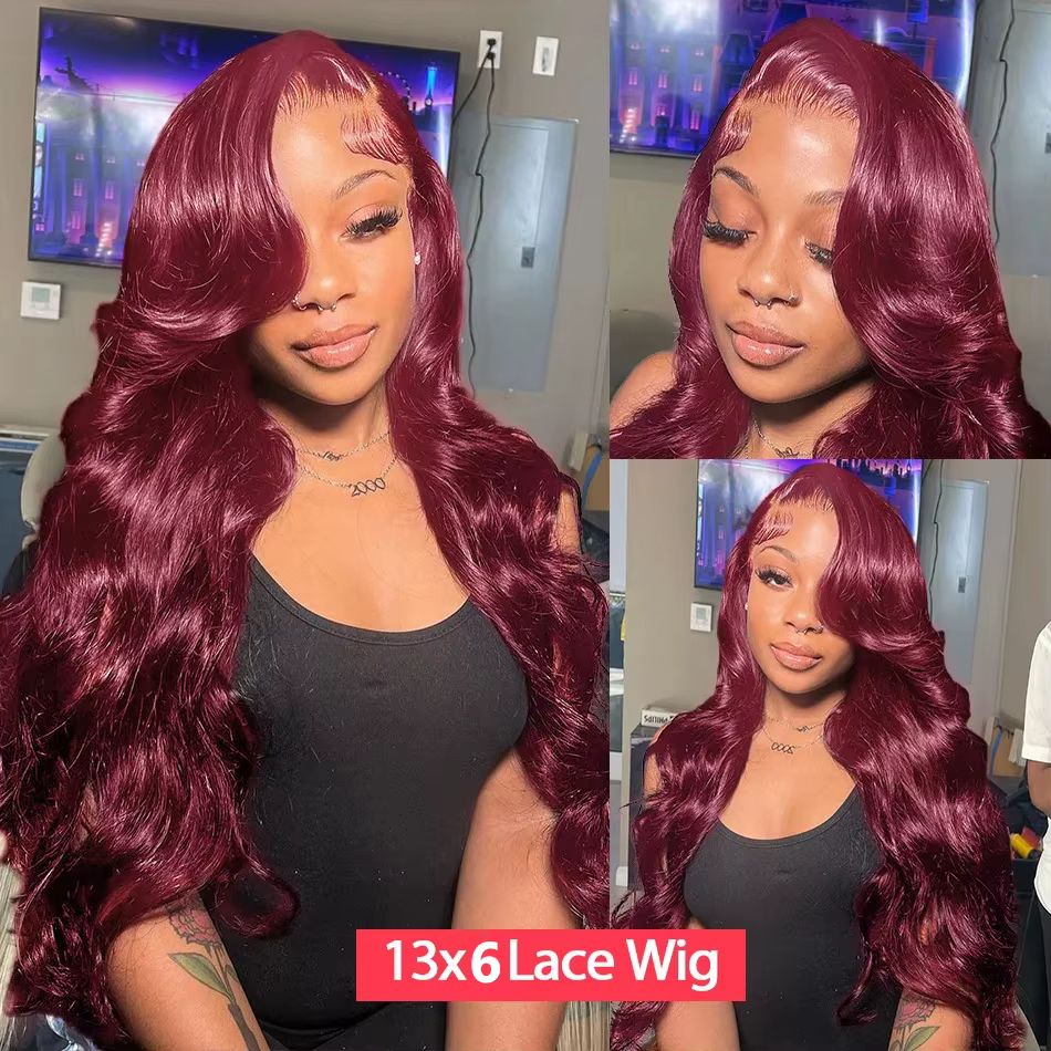 Perruque Lace Front Wig naturelle Body Wave-Tuneful, rouge bordeaux 99J, 13x6, HD