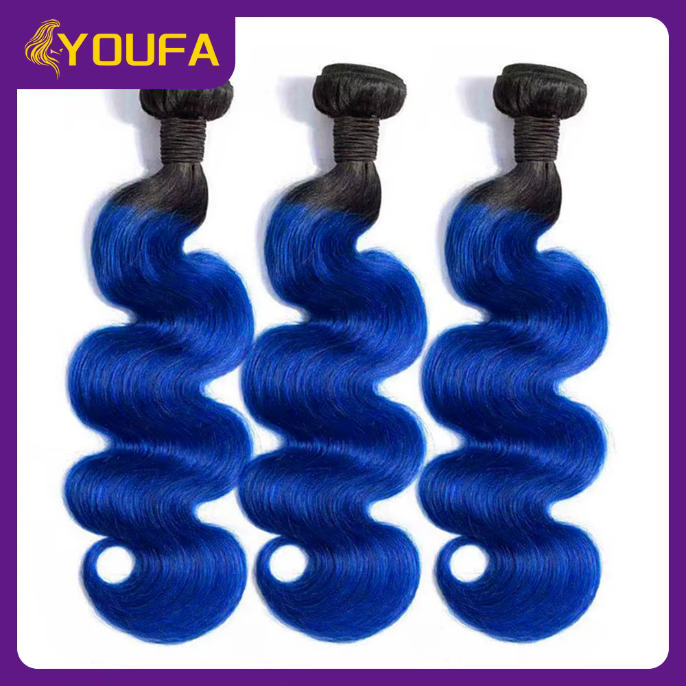 1B bleu vague de corps cheveux humains armure paquets 10-28 pouces 3/4 pièces Lot Ombre bleu foncé c
