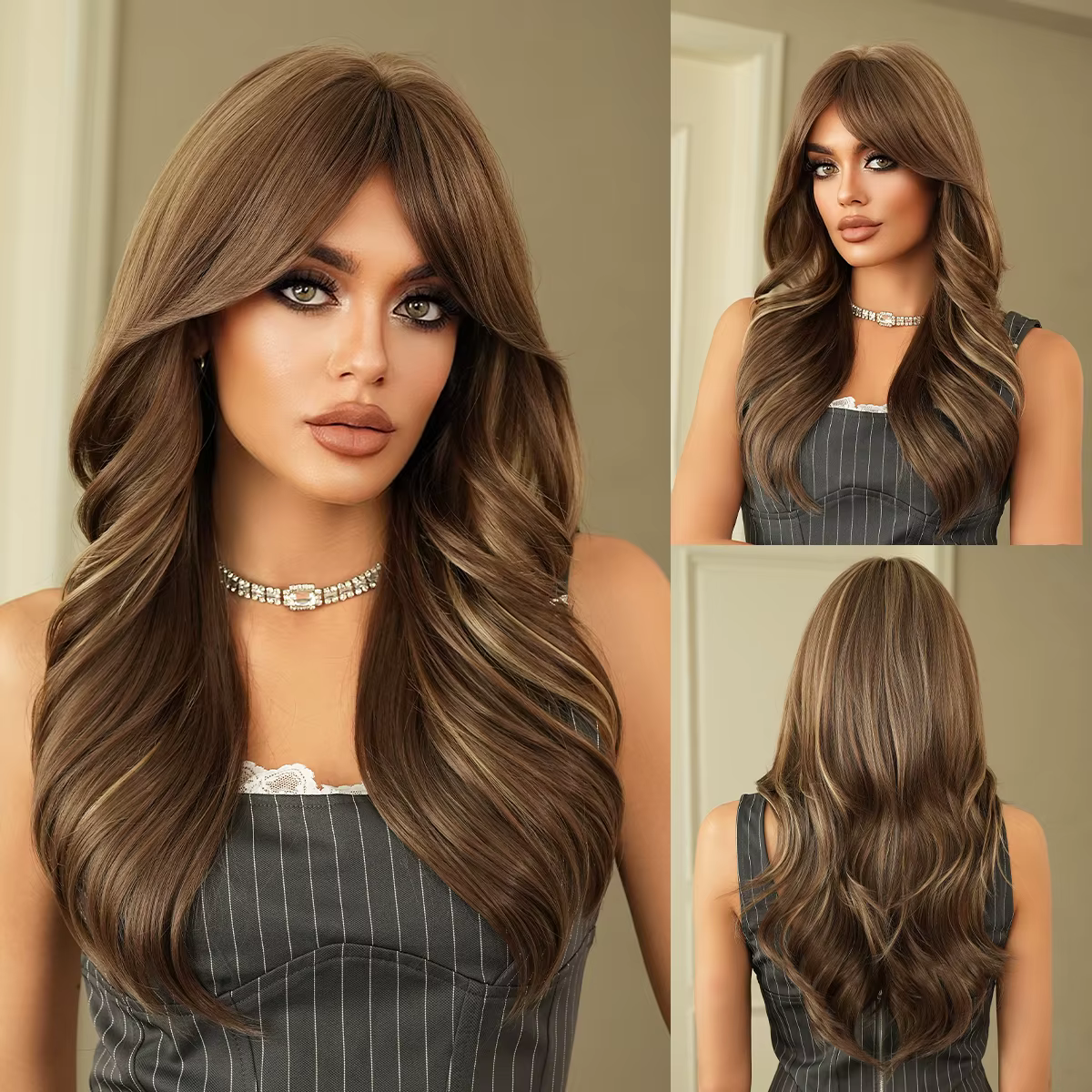 NAMM nouvelle perruque ondulée brune avec frange met en évidence les cheveux blonds, longue perruque