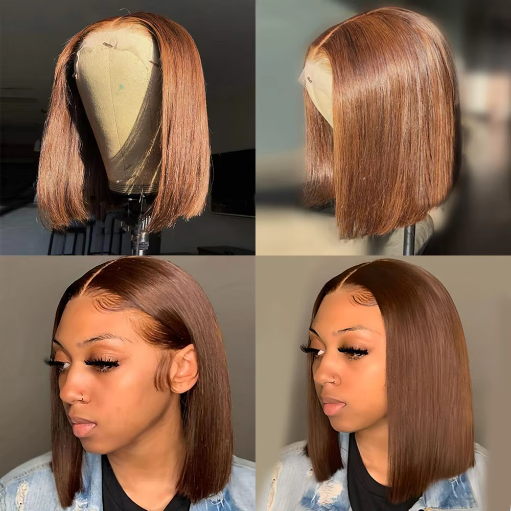 Perruque Bob Sans Colle Marron Chocolat Perruque Couleur 4# Bob 4x4 Perruques Cheveux Humains Sans C