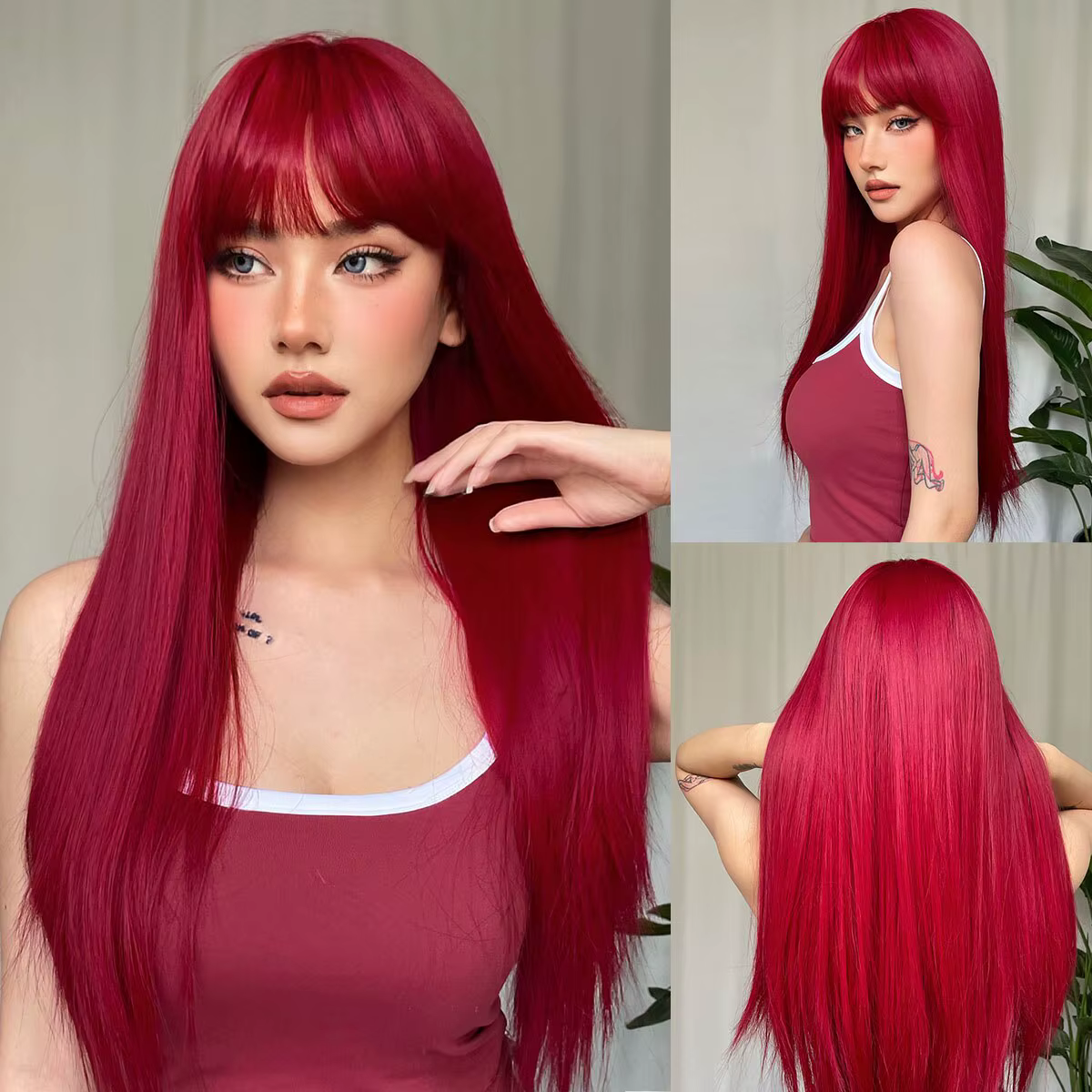 Perruque Synthétique Rouge Vin Clair avec Frange pour Femme, Cheveux Longs et Lisses, Cosplay Nature