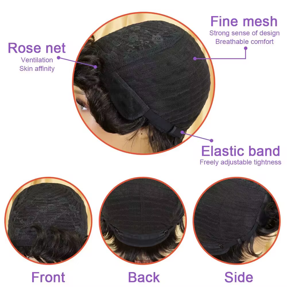 Perruque courte coupe lutin cheveux humains pour femmes perruques fabriquées à la Machine avec frang