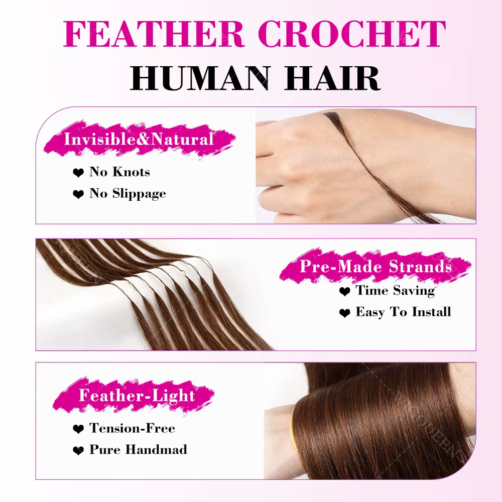 Extensions de cheveux humains pré-bouclées, mèches brunes ombrées, effet plume, soyeuses et lisses,