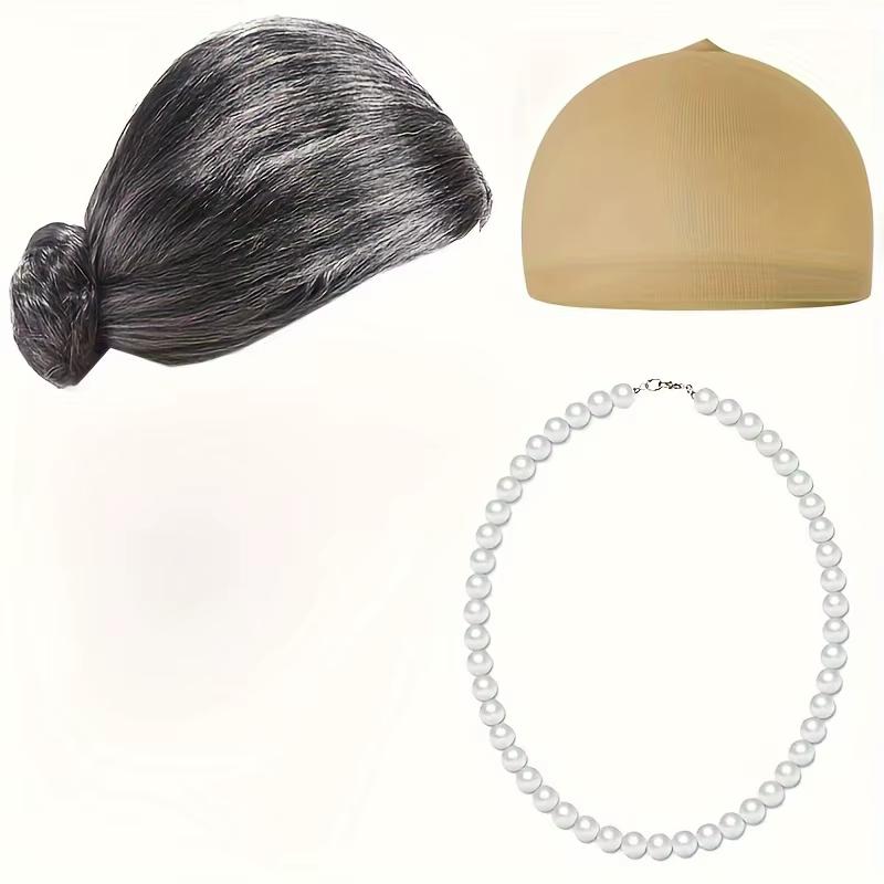Ensemble de costume ultraviolet synthétique pour vieille dame, cheveux gris, perruque de grand-mère