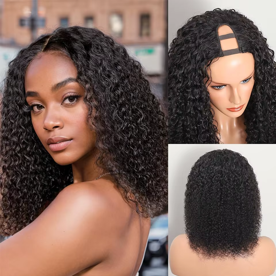 Perruque en cheveux humains U-Part sans colle, densité 250%, bouclée crépue, pour femmes, sans besoi