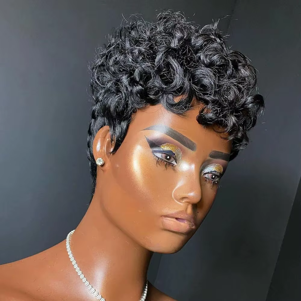 Hort Pixie perruques pour les femmes noires courtes noires bouclés Pixie perruques cheveux synthétiq