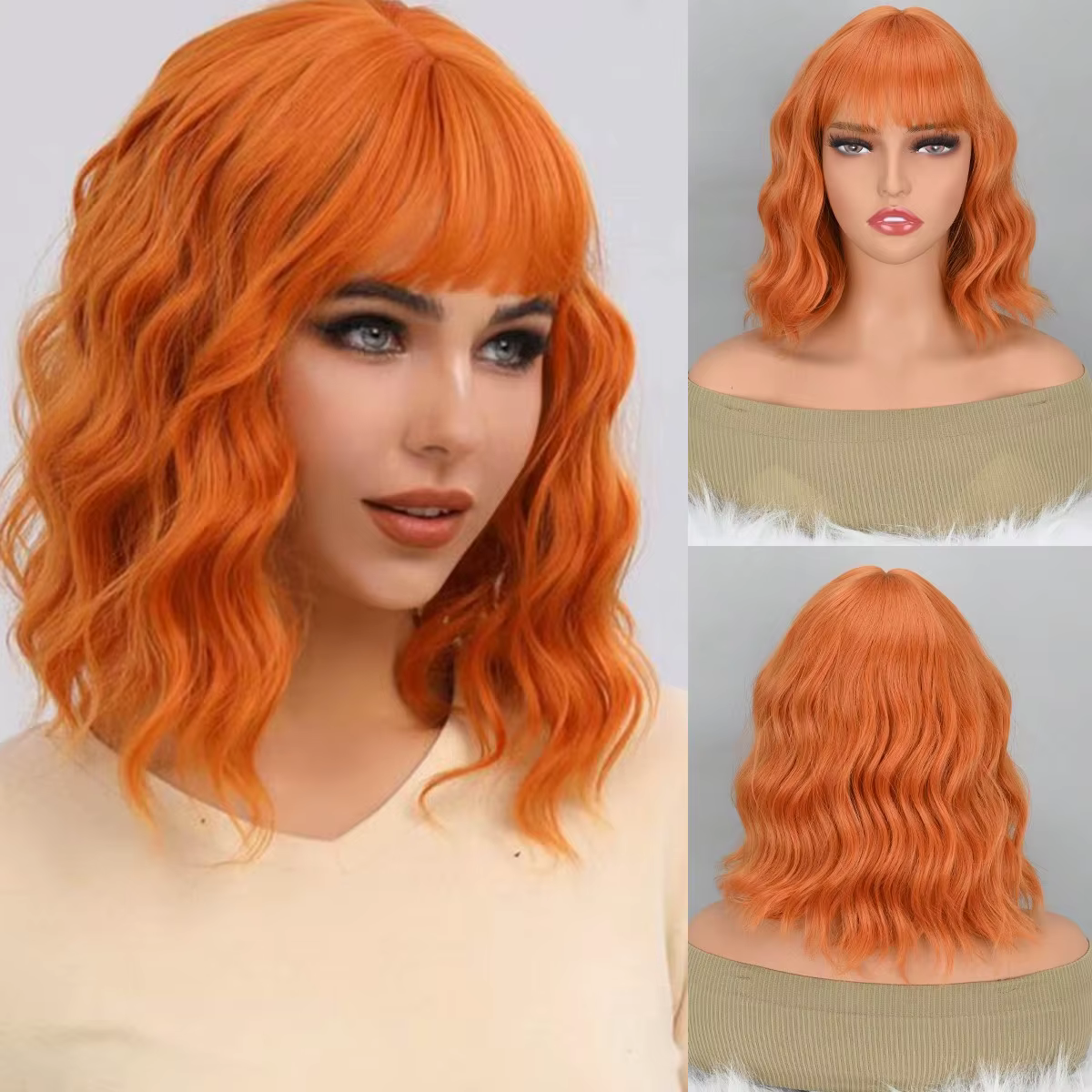 Perruque courte ondulée bouclée pour femme, synthétique, avec frange plate, style bob (orange clair)