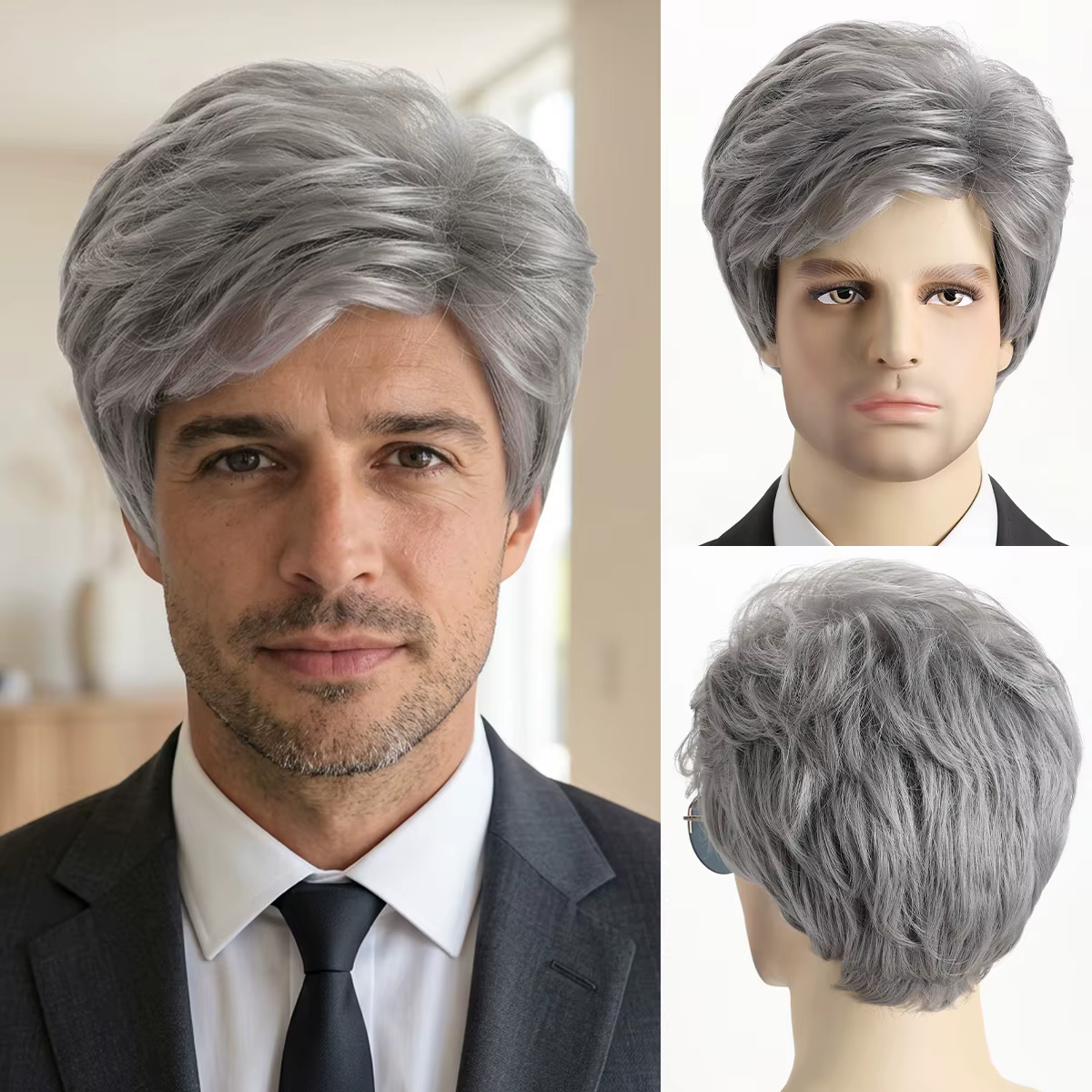 Perruque réaliste et moelleuse pour hommes, perruque synthétique de 10 pouces, coiffure courte, idéa