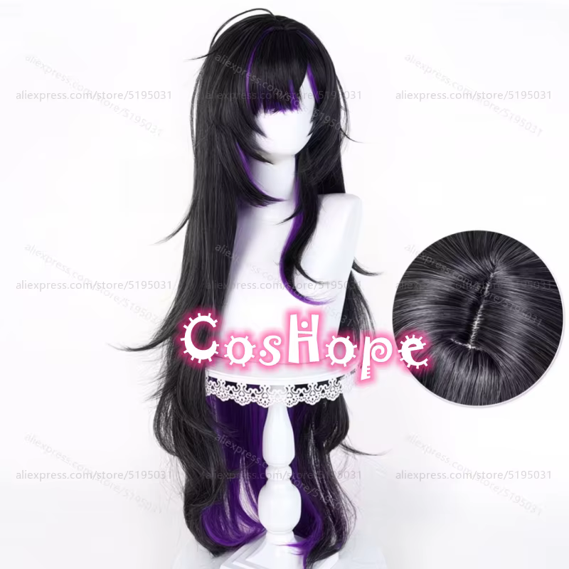 Perruque de cosplay Nikke Label, 100 cm de long, noire et violette mélangée, perruque synthétique ré