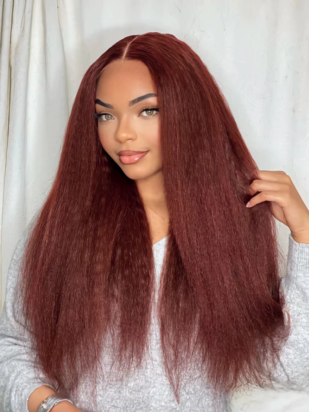 13X4 brun rougeâtre crépus droite dentelle frontale perruque cheveux humains Auburn cuivre Yaki droi