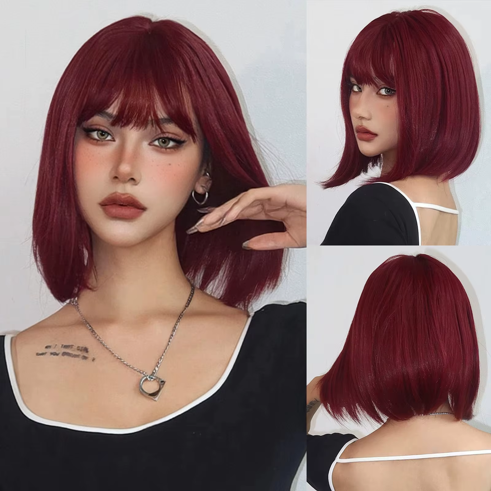 Perruque synthétique courte Bob bordeaux avec frange, faux cheveux rouge vin pour Cosplay, perruques