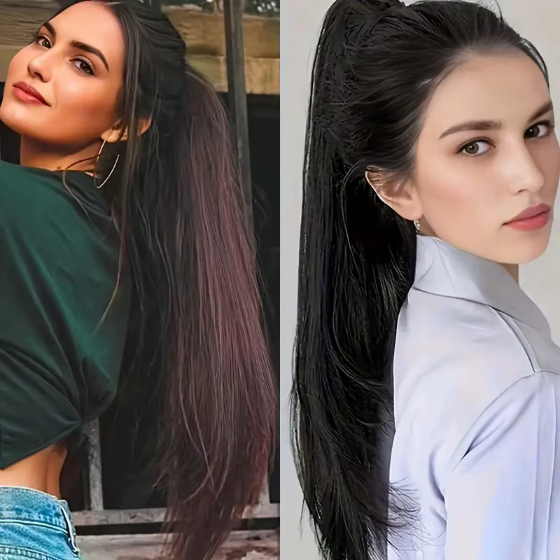 Extensions capillaires synthétiques longues et lisses de 16 pouces/20 pouces, postiche noire pour fe