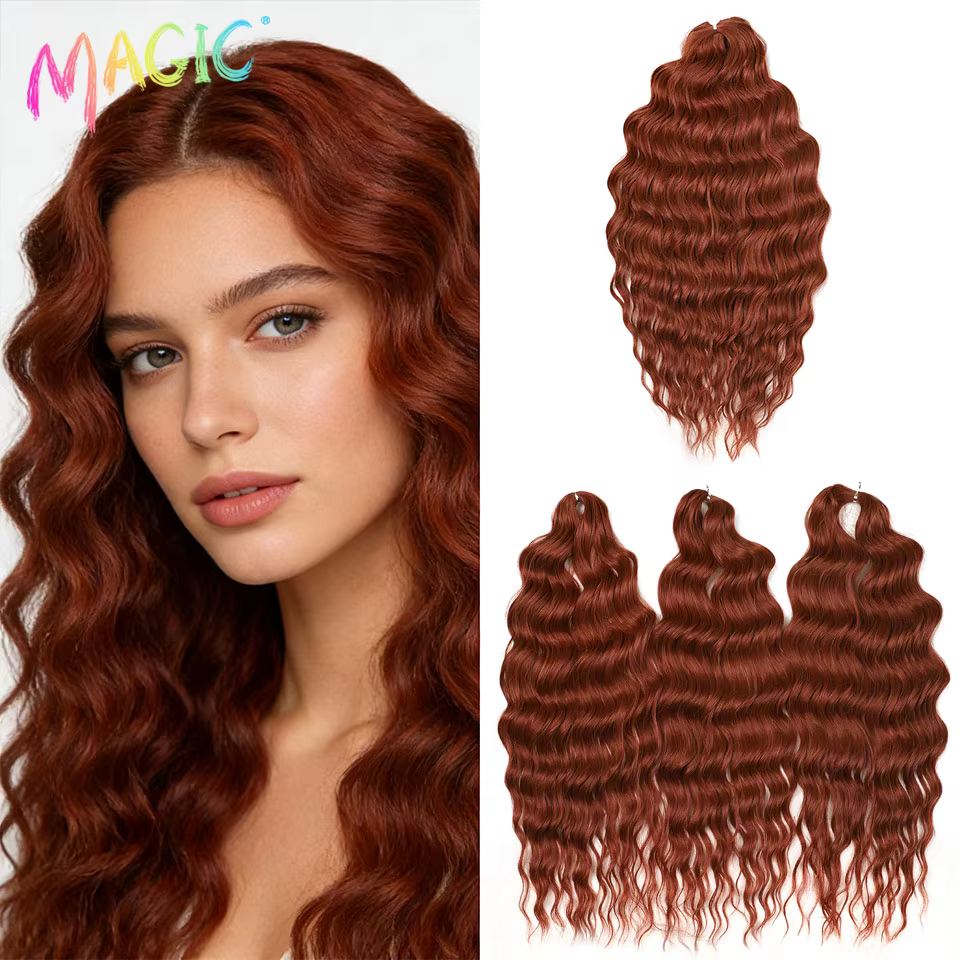 Extensions de cheveux synthétiques ondulés Magic 24 pouces, 3 pièces, rouge cuivre, résistantes à la