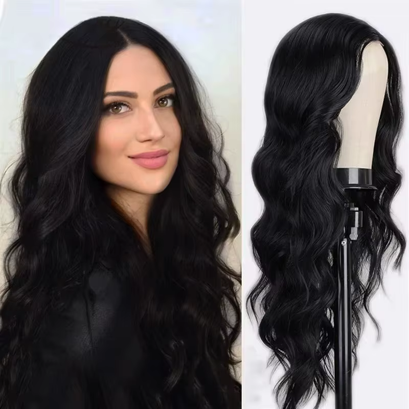 Perruque synthétique noire tendance, grandes vagues, cheveux longs bouclés, cheveux longs et moelleu