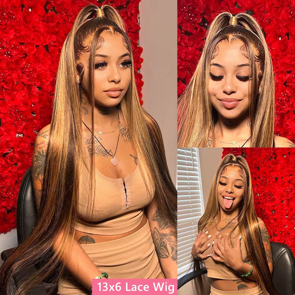 Perruque Lace Frontal Wig brésilienne naturelle, cheveux lisses, à reflets P4/27, 13x6 Hd, 30 36 pou