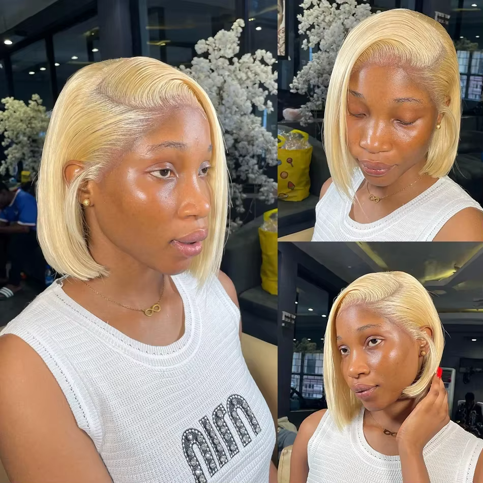 Perruques Courtes Bob Blond Miel 613 avec Dentelle Frontale 13x6, 100% Cheveux Humains, Fermeture Dr
