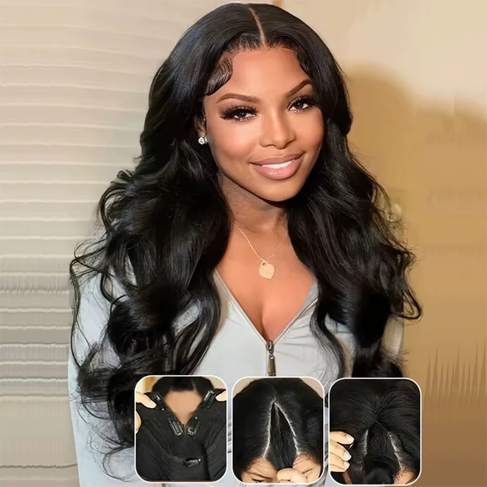 Perruque V Part Body Wave en cheveux humains, version améliorée, sans colle, pour débutantes, à clip