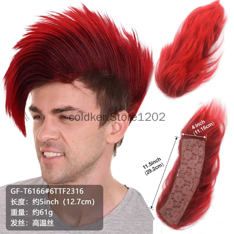 Perruque synthétique Punk Mohawk pour hommes, cheveux synthétiques rouge noir vert pour Halloween, C