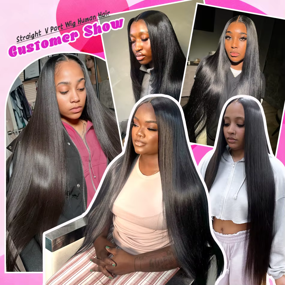 Perruques en cheveux humains lisses en forme de V, sans couture, sans colle, densité 220, noir natur