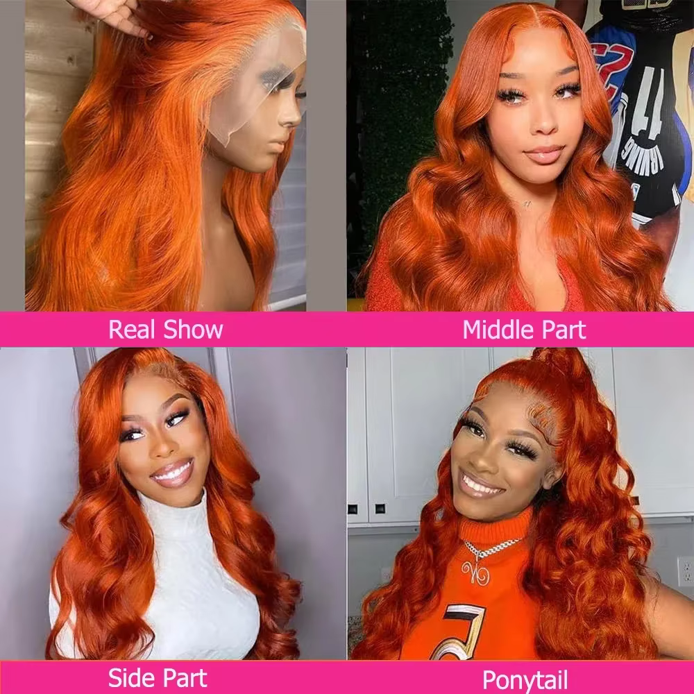 Perruque Lace Front HD 13x6 en Cheveux Humains, Ondulation Body Wave, Couleur Gingembre Orange, Dens