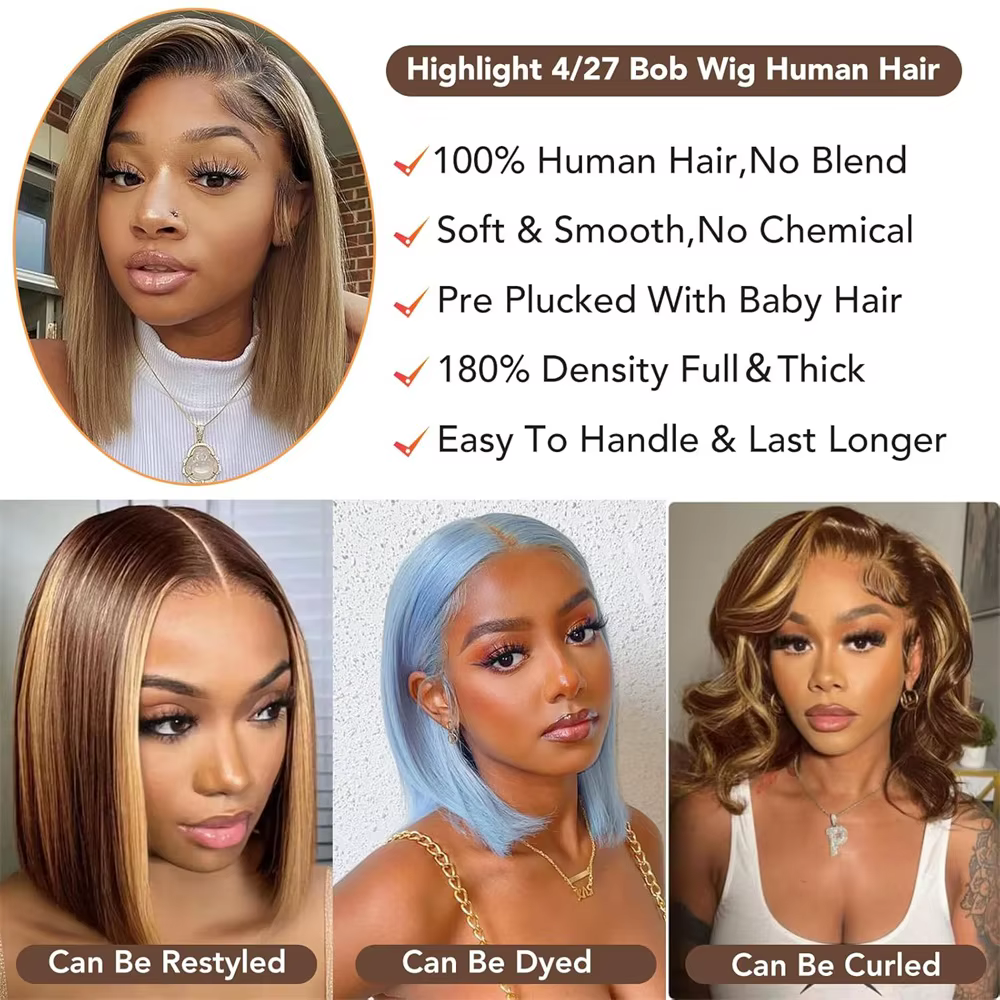 Perruque Bob Lace Front 13x4 en Cheveux Humains, Lisse, Blond Miel P4/27, Pré-épilée avec Baby Hair