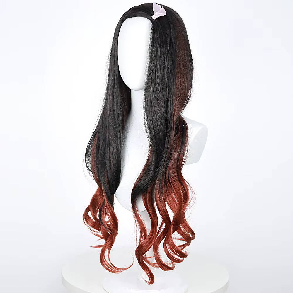 Perruque de cosplay Nezuko anime à cheveux longs bouclés, couleur dégradée noir et rouge foncé, 30 p