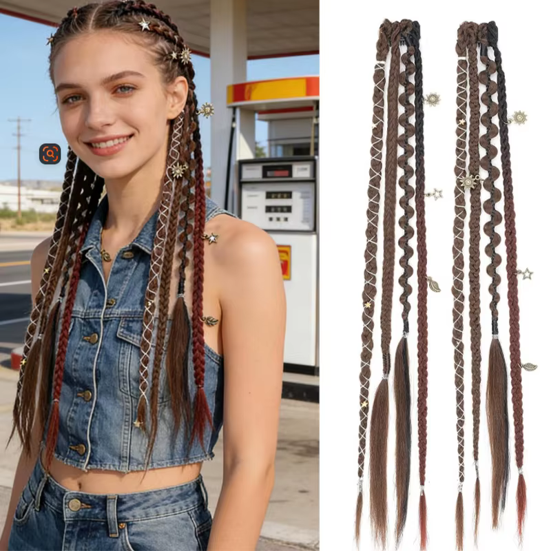 Bandeau bohème tressé de 20 pouces avec accessoires de perruque queue de cheval élastique, adapté au