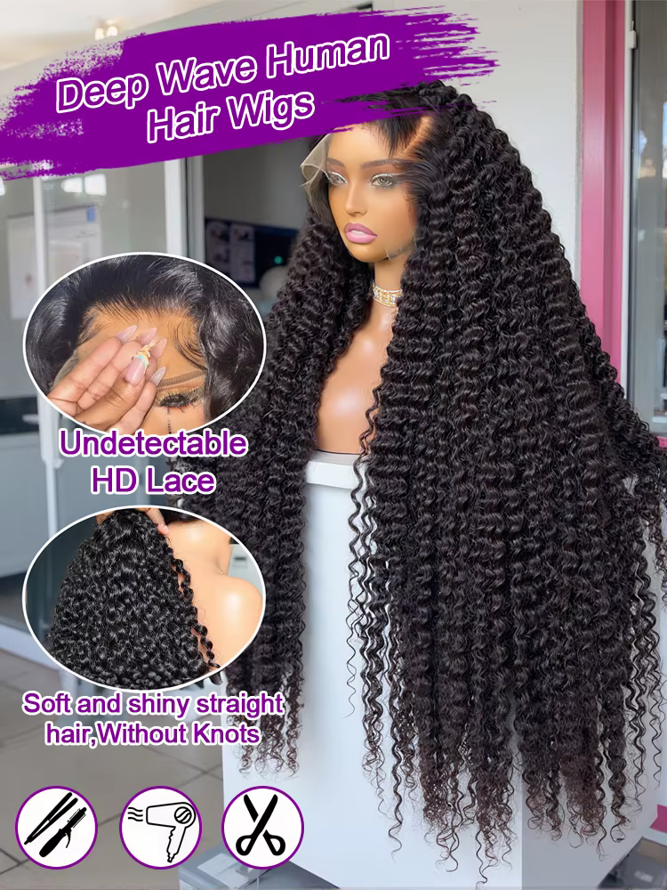 Perruque brésilienne en cheveux humains 13x4 13x6 HD Lace Front, Deep Wave, 30 40 pouces, densité 25