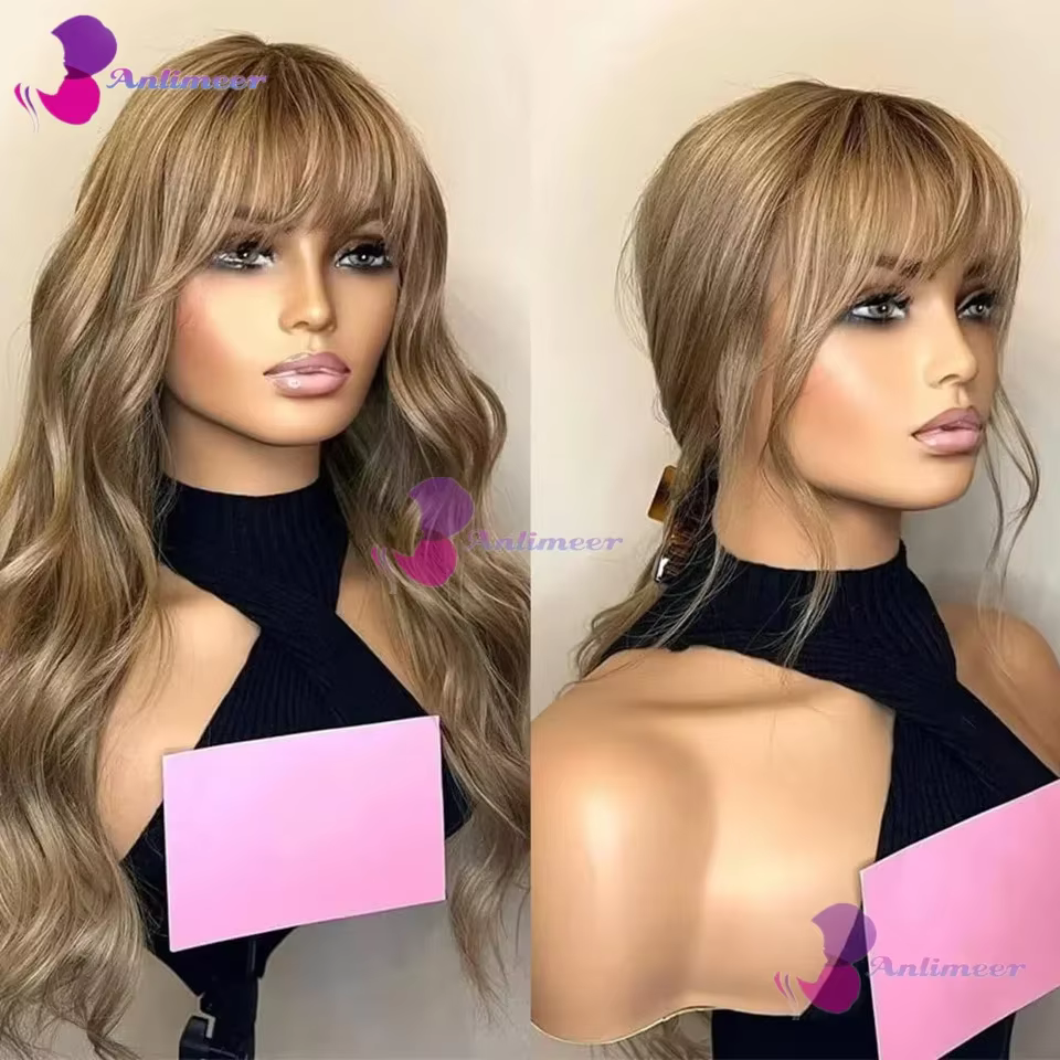 Perruques en cheveux humains blond miel avec frange, ondulées, sans colle, 13x6/360, avec nœuds blan