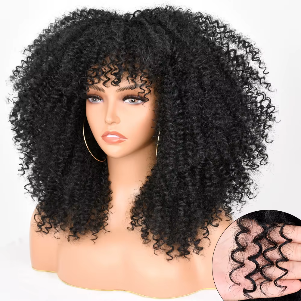 Perruque Afro bouclée crépue avec frange pour femmes noires, cheveux courts de 16 pouces, perruques 