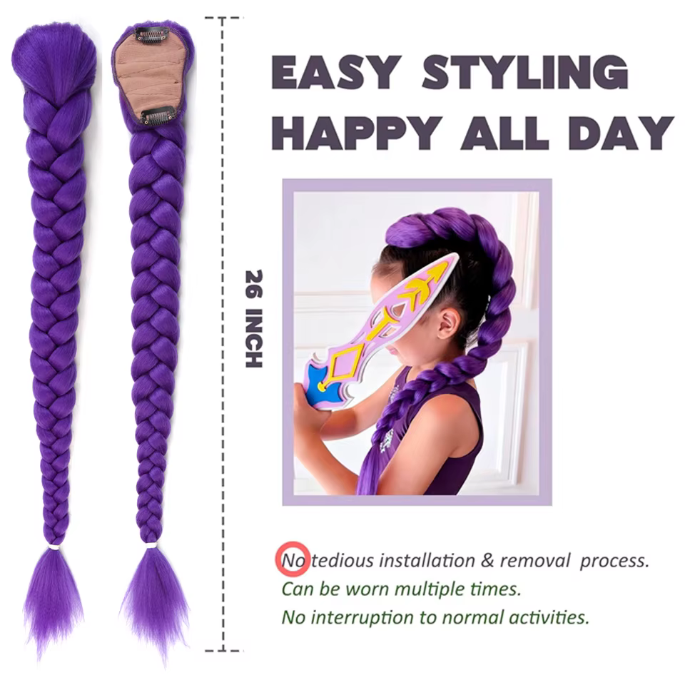 Queue de cheval tressée violette synthétique, coiffure de Costume Rumi, longue queue de cheval avec