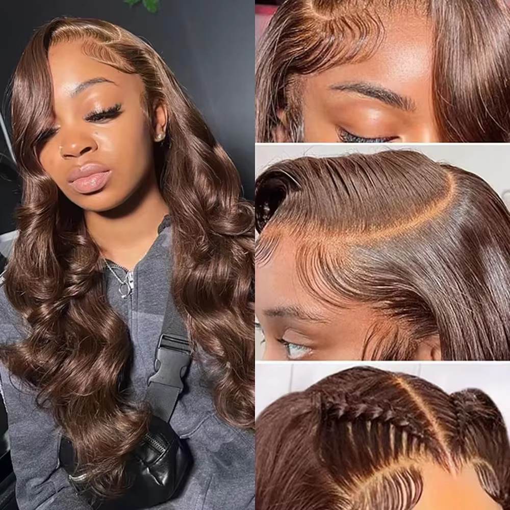 Perruque Lace Front Wig Body Wave Brésilienne Naturelle, Cheveux Humains, Brun Foncé, Chocolat, Pre-