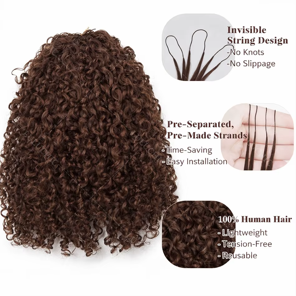Cheveux humains bouclés crépus bruns pour crochet, invisibles, sans nœuds, pré-séparés, petites spir