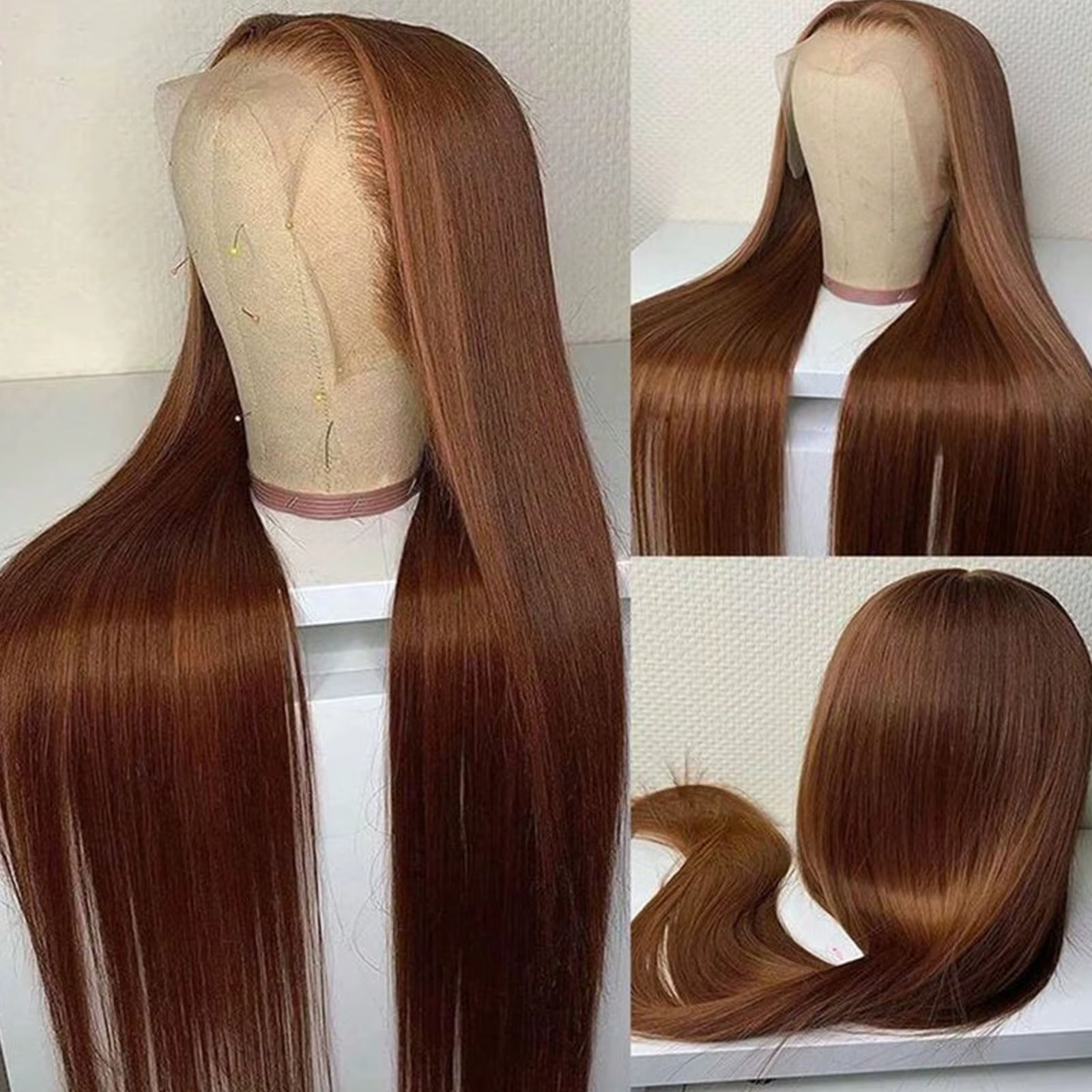 Perruque Lace Frontal Wig naturelle lisse, cheveux humains, 16-42 pouces, 13x4 HD, brun chocolat, Tr