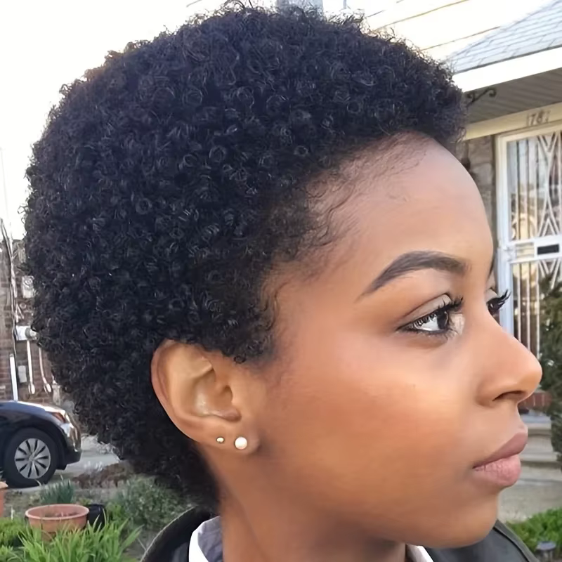 Perruque courte afro bouclée en cheveux humains, densité 150 %, fabriquée à la machine, coupe pixie,