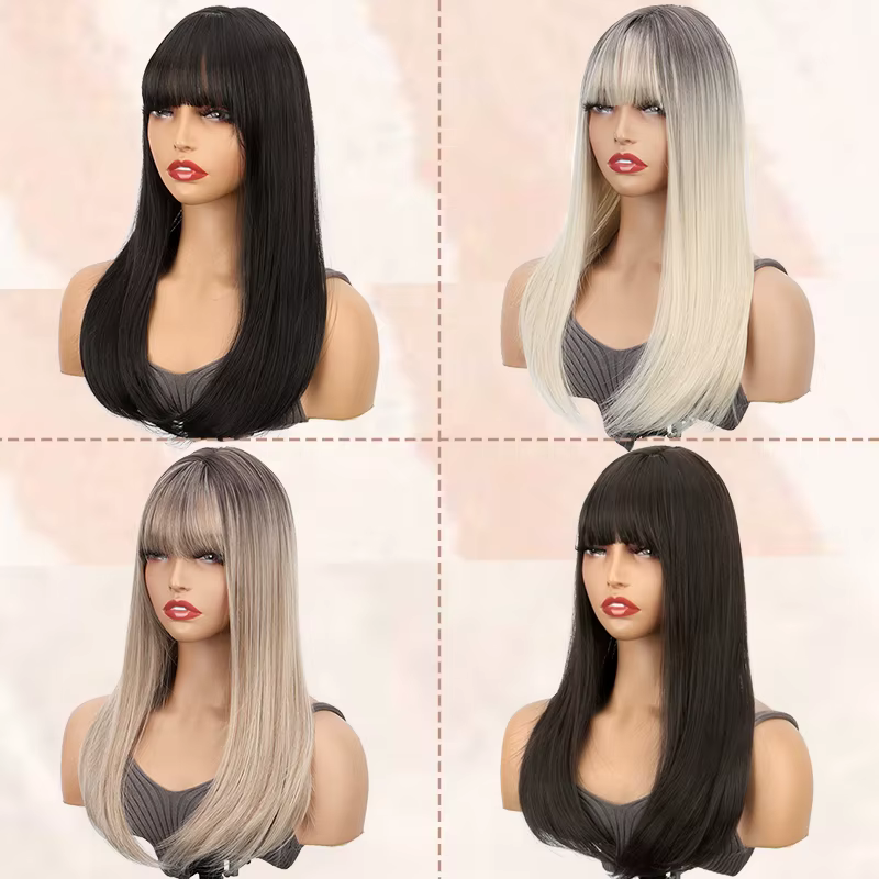 Topper pour cheveux pour femme avec frange : 3D 360 °   Morceau de cheveux synthétiques longs et lis