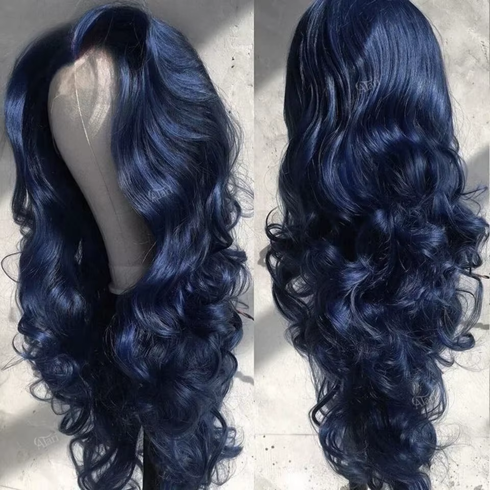 Perruque Lace Frontal Wig synthétique bleu foncé 13x4 HD, Body Wave longue, sans colle, pre-plucked,