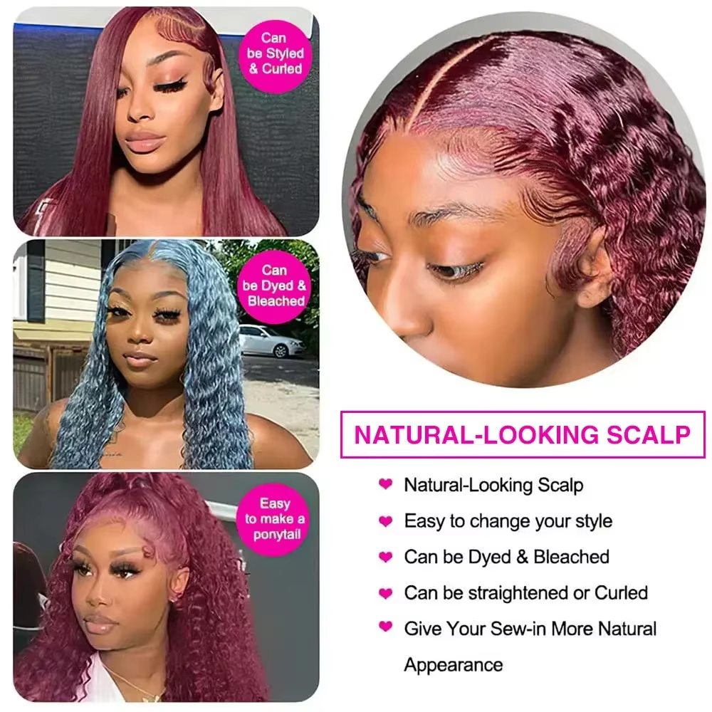 Perruque Lace Wig Naturelle Ondulée, Cheveux Humains, Couleur Bordeaux 99J, 13x4, 13x6, Pre-Plucked,