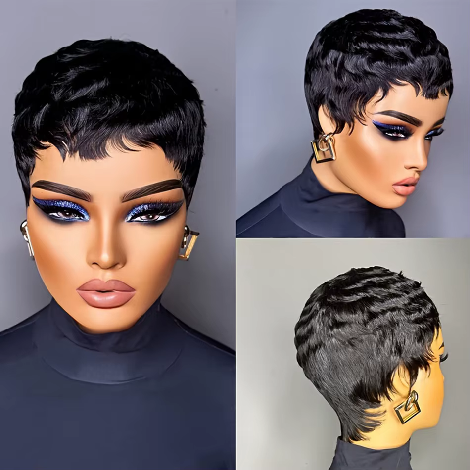 Perruques coupe lutin cheveux humains perruques de cheveux humains droites noir brésilien Remy perru