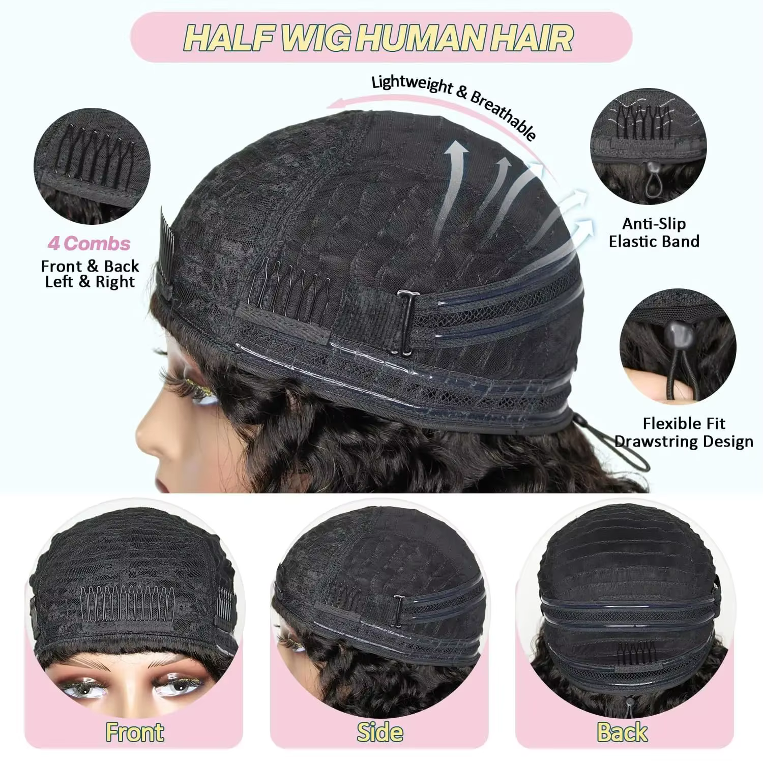 Perruque mi-tête bouclée birmane en cheveux humains 3-en-1 sans couture, à porter directement sans c