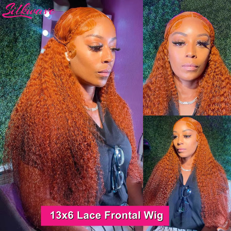 Silkwave vague d'eau 13x4 Orange gingembre dentelle avant perruque bouclés cheveux humains perruques
