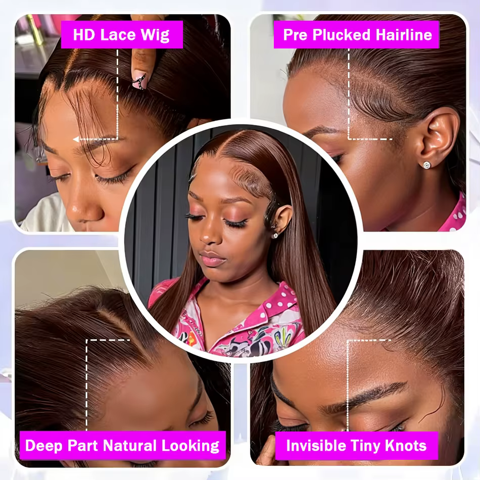 Perruque Lace Front HD Brun Chocolat 13x4 Lisse, Perruques Frontales Complètes 13x6 en Cheveux Humai