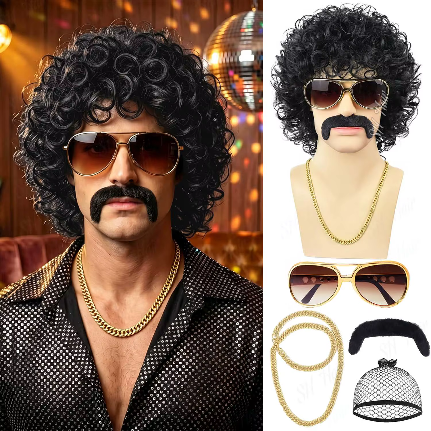 Synthétique Marron | Perruque afro bouclée noire + lunettes + collier + moustache, perruque disco de