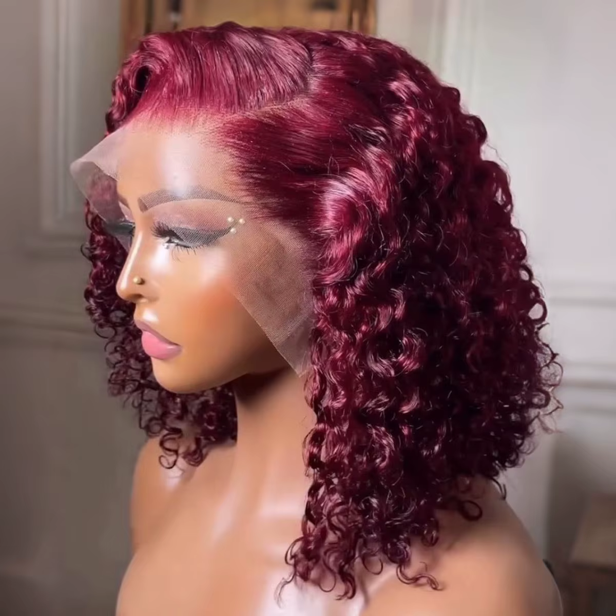 Perruque Bob Lace Frontal Wig synthétique courte, coupe émoussée, couleur rouge bordeaux 99J, 13x4, 