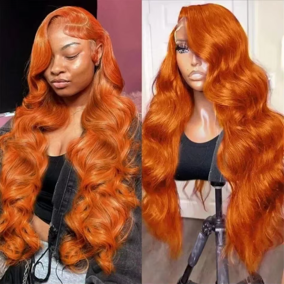 Perruque Lace Front HD 13x6 en Cheveux Humains, Ondulation Body Wave, Couleur Gingembre Orange, Dens